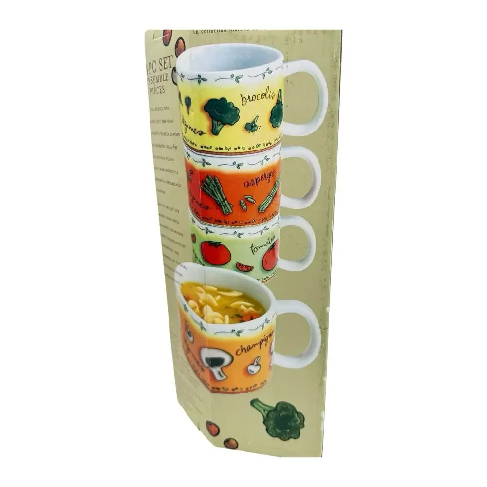 4pc‎ Stackable Soup Mugs Set MSC Vegetable Ceramic Jocha Tea Coffee 14oz NOS VTG